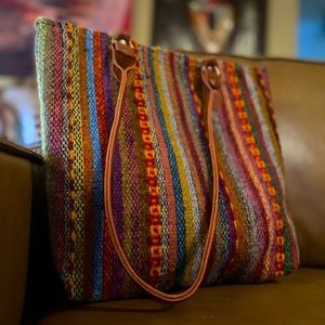 Unique chic colorful textured handwoven wool computer bag purse, leather handles